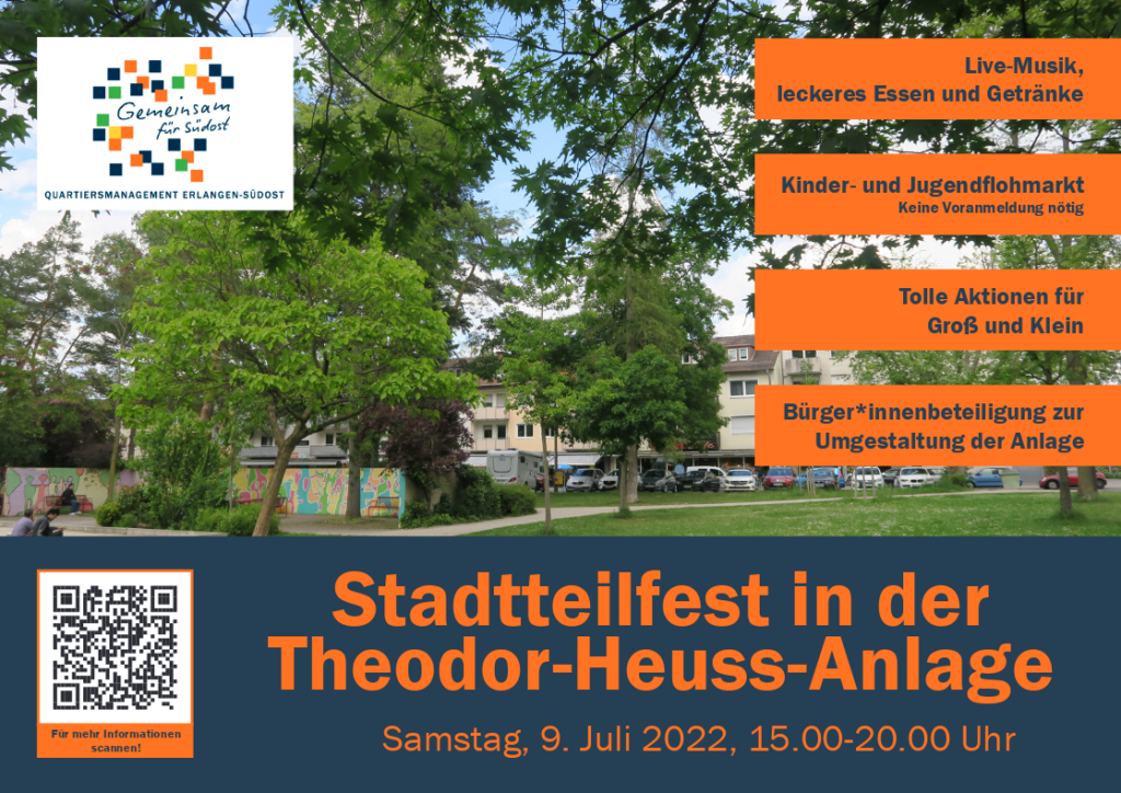 Werbepostkarte für das Stadtteilfest in der Theodor-Heuss-Anlage am Samstag 9. Juli 2022, 15 bis 20 Uhr