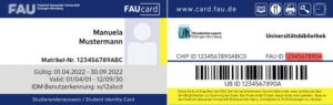 Beispiel einer FAUcard auf der das Feld FAU ID in rot markiert ist